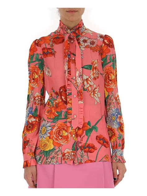 gucci silk floral blouse|Gucci ruffle blouse.